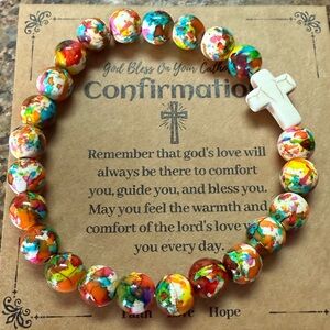 Colorful Beaded Bracelet with Cross Charm Confirmation Catholic NEW
